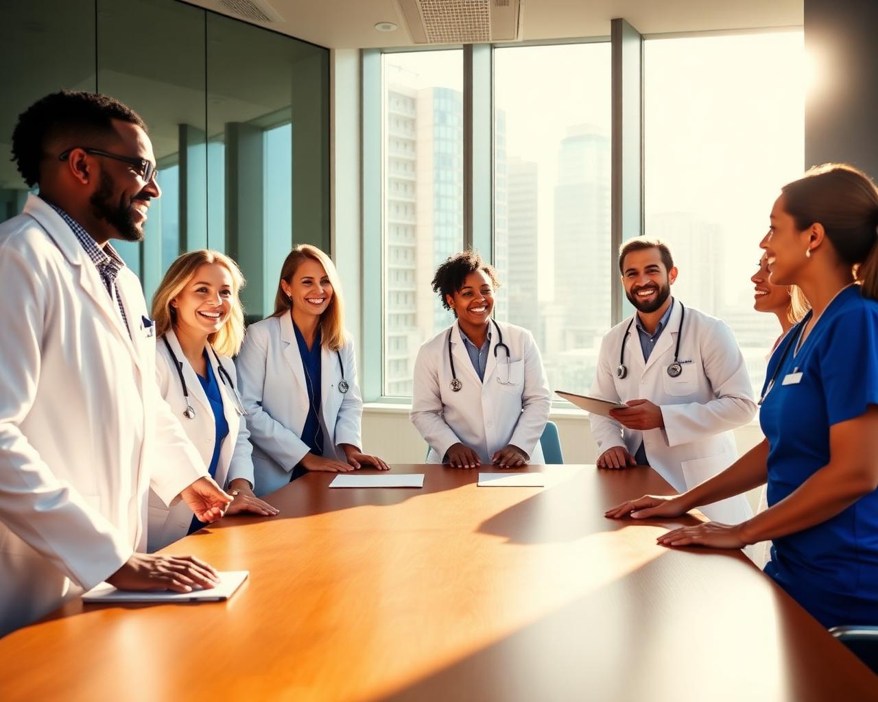 A diverse team of medical professionals laughing together around a boardroom table